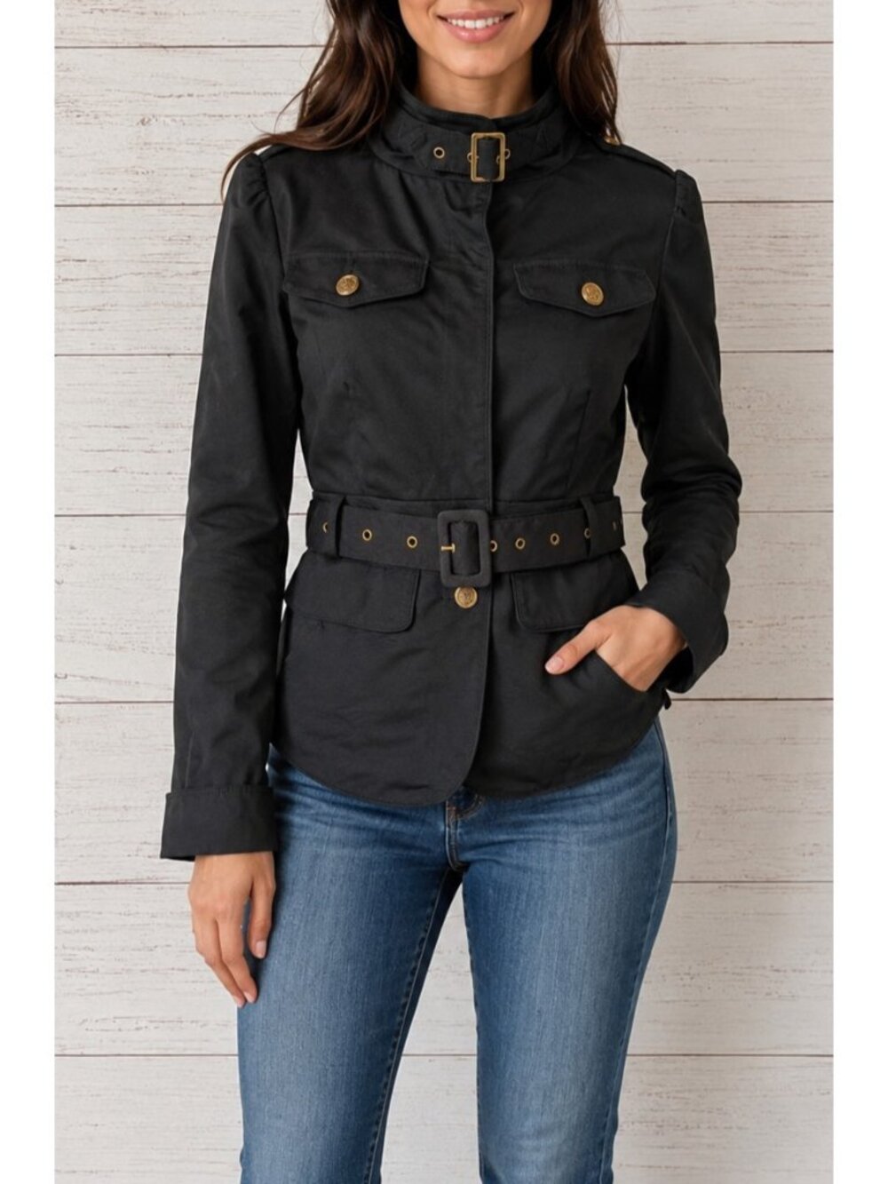 Vero Moda Women's Military Jacket Black Gold Buttons Grommets Half Lined Size XS